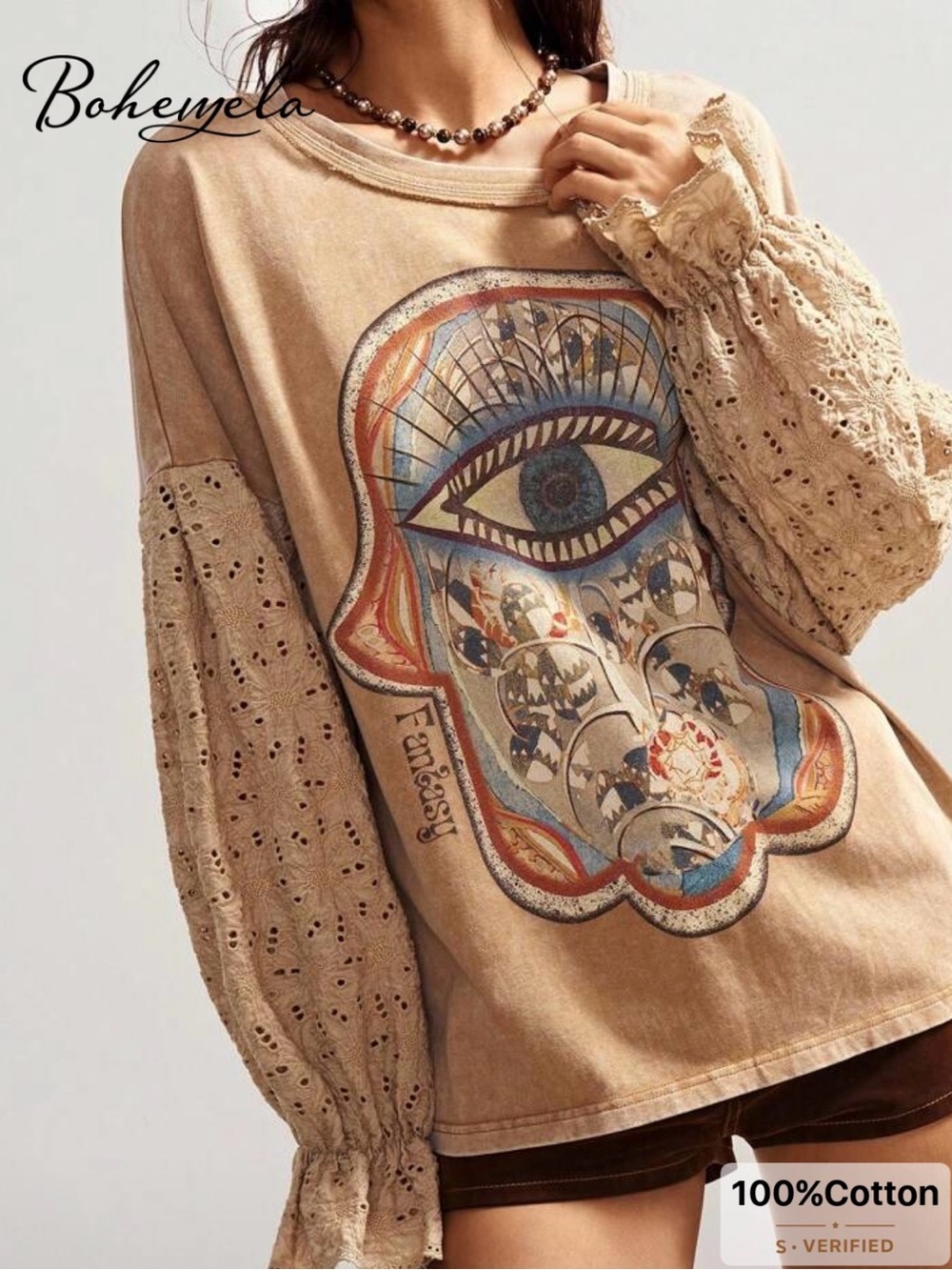 NWOT Bohemela Beige Evil Eye Print Long Sleeve Tee with Eyelet Sleeves, Large - Picture 9 of 16